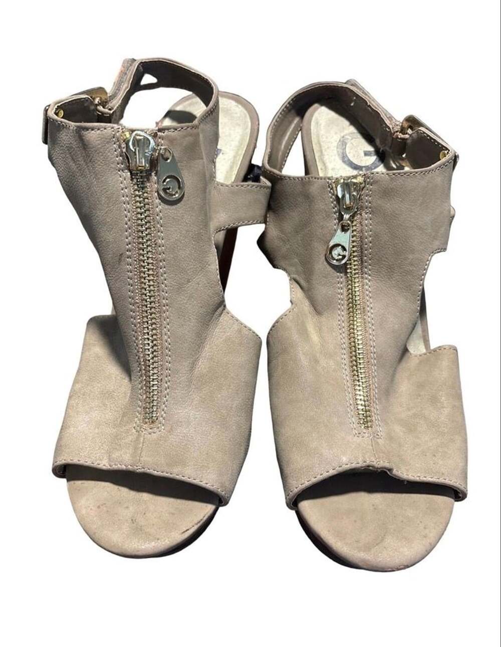 G by GUESS Taupe Platform Wedge Sandals Women's 10M Zip Front Peep Toe